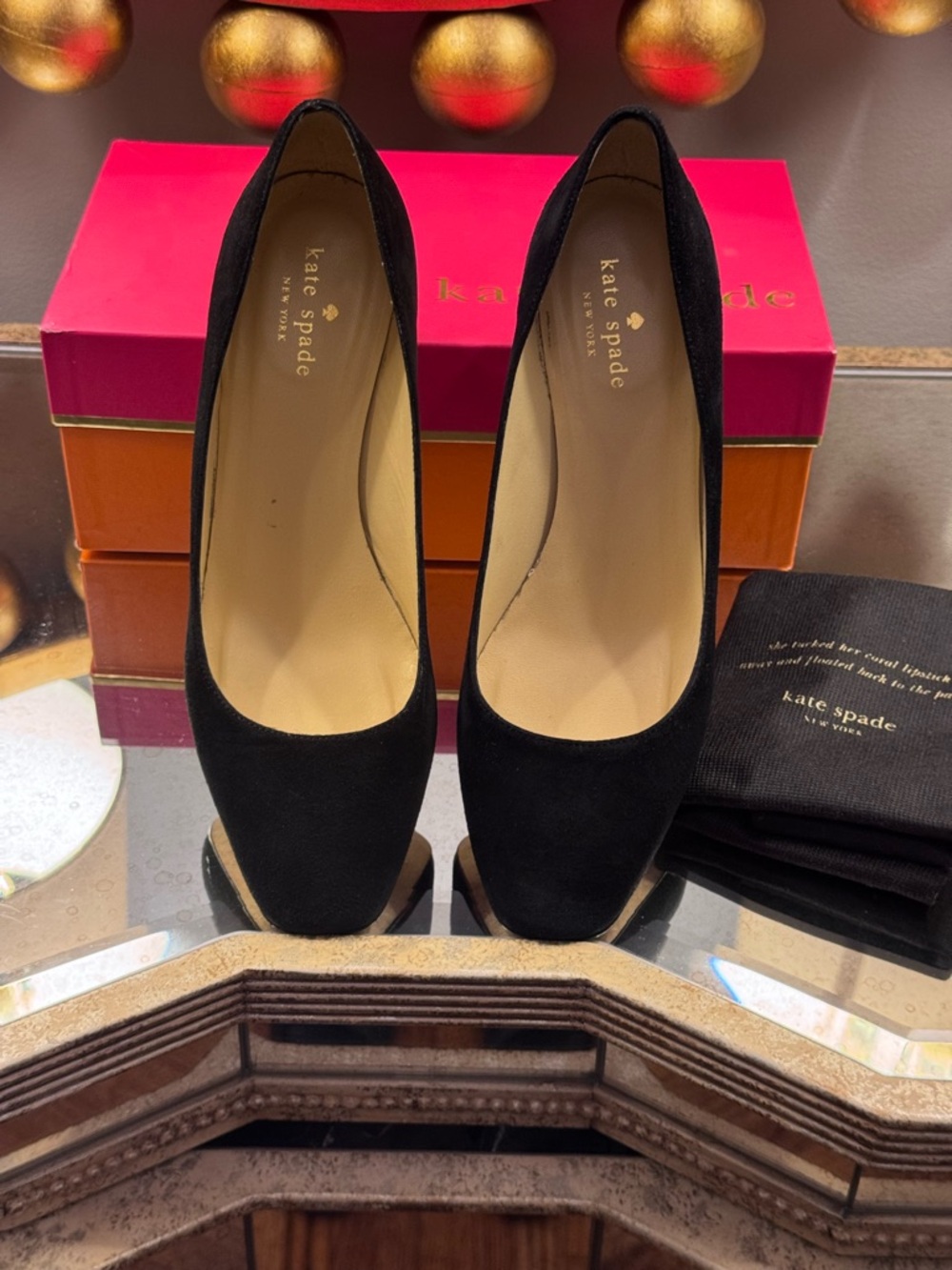 Kate Spade Black Suede Gold Studded Heels Pumps - Size 9 - Picture 8 of 13